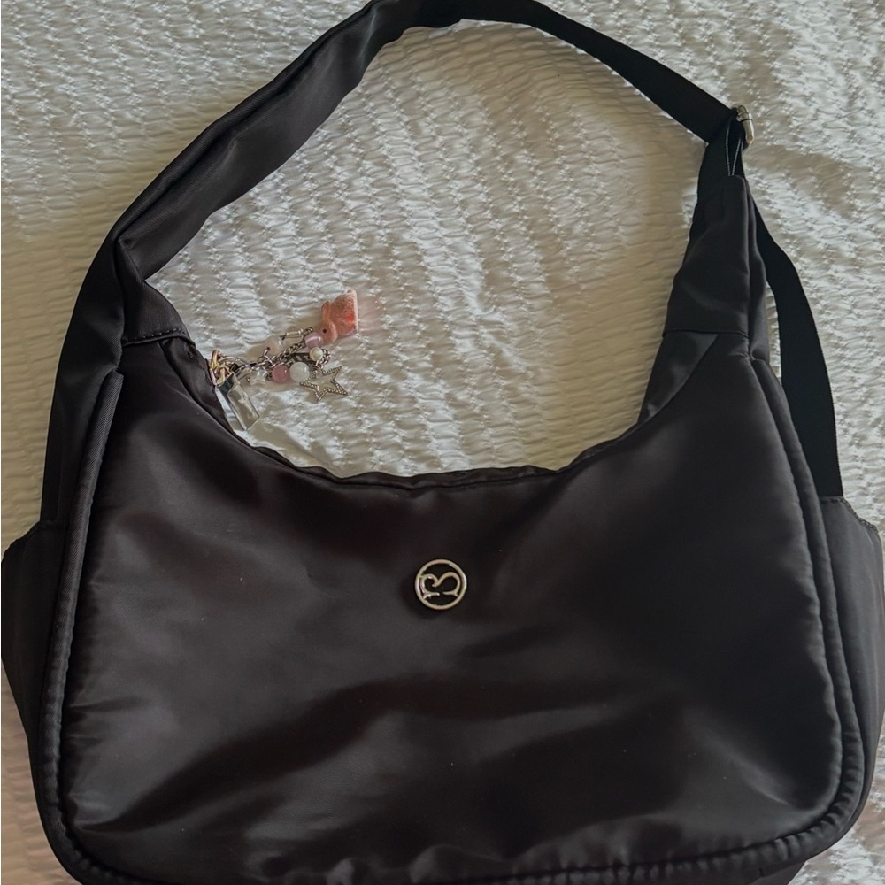 Black Women's Shoulder Bag with Heart Emblem